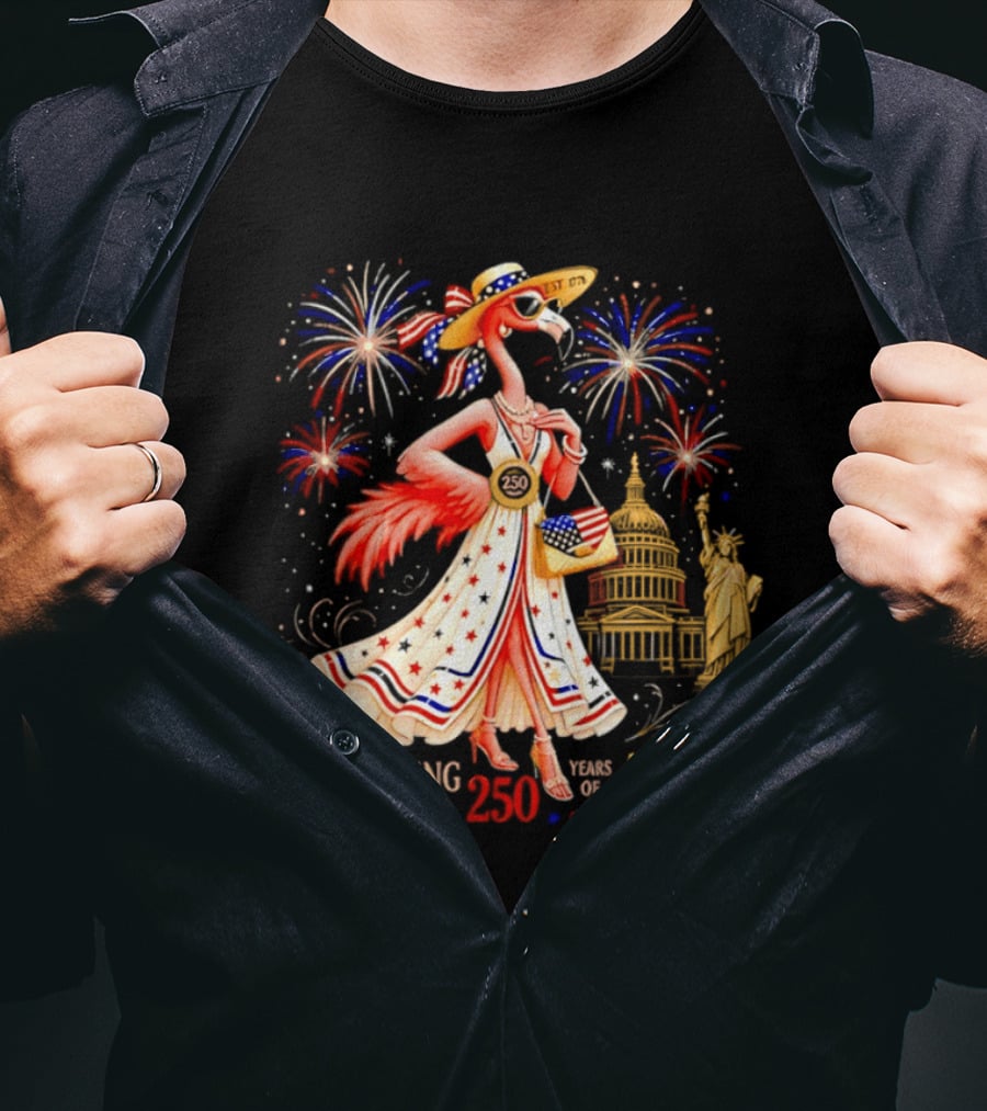 Celebrating 250 Years Of American Spirit Flamingo Statue Of Liberty Capitol Fireworks T-Shirt