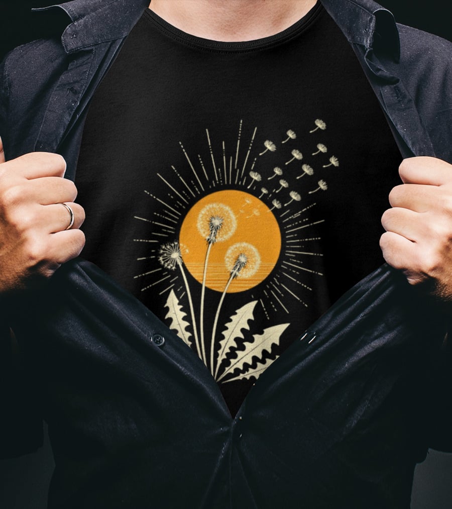 Golden Sunlight Dandelion Seeds Flying Nature Burst T-Shirt
