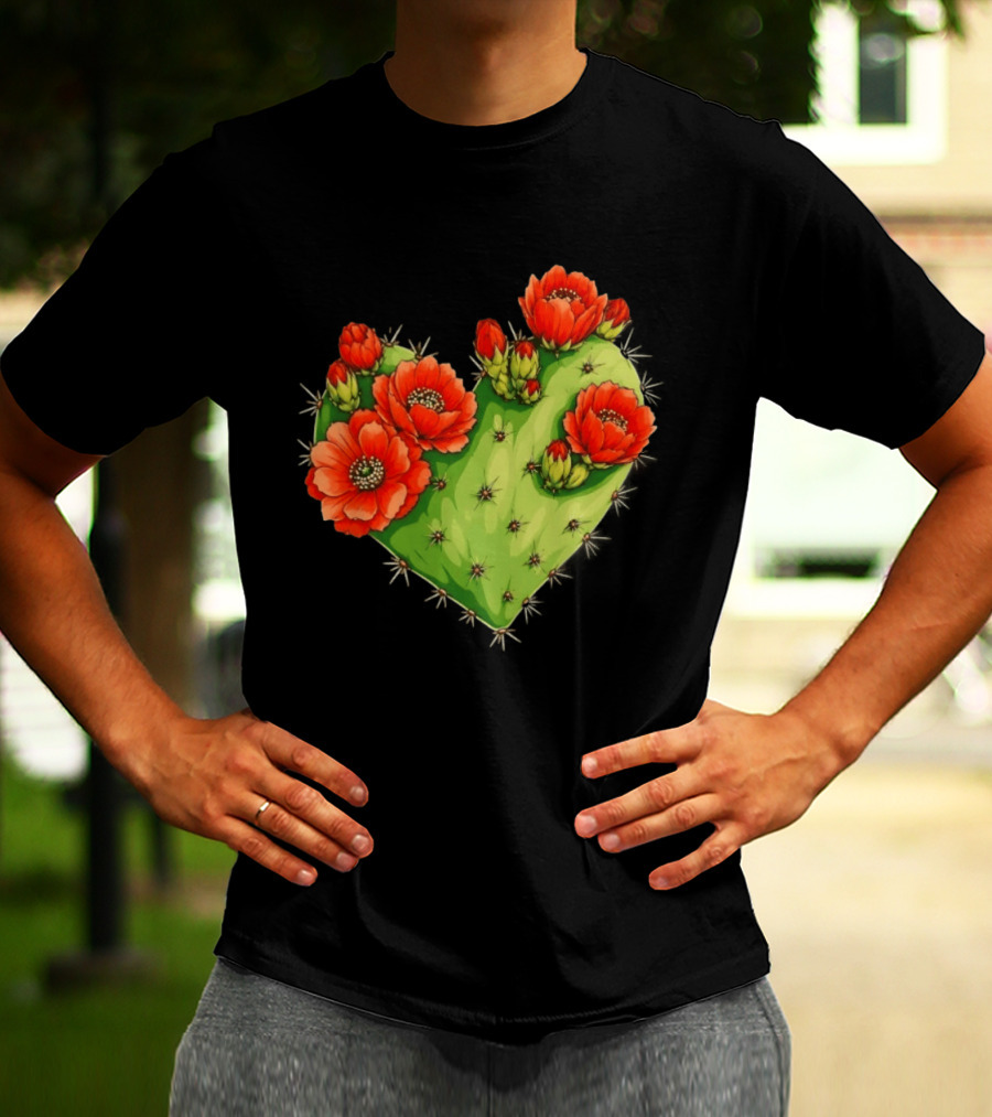 Heart Shaped Cactus With Vibrant Red Flowers T-Shirt