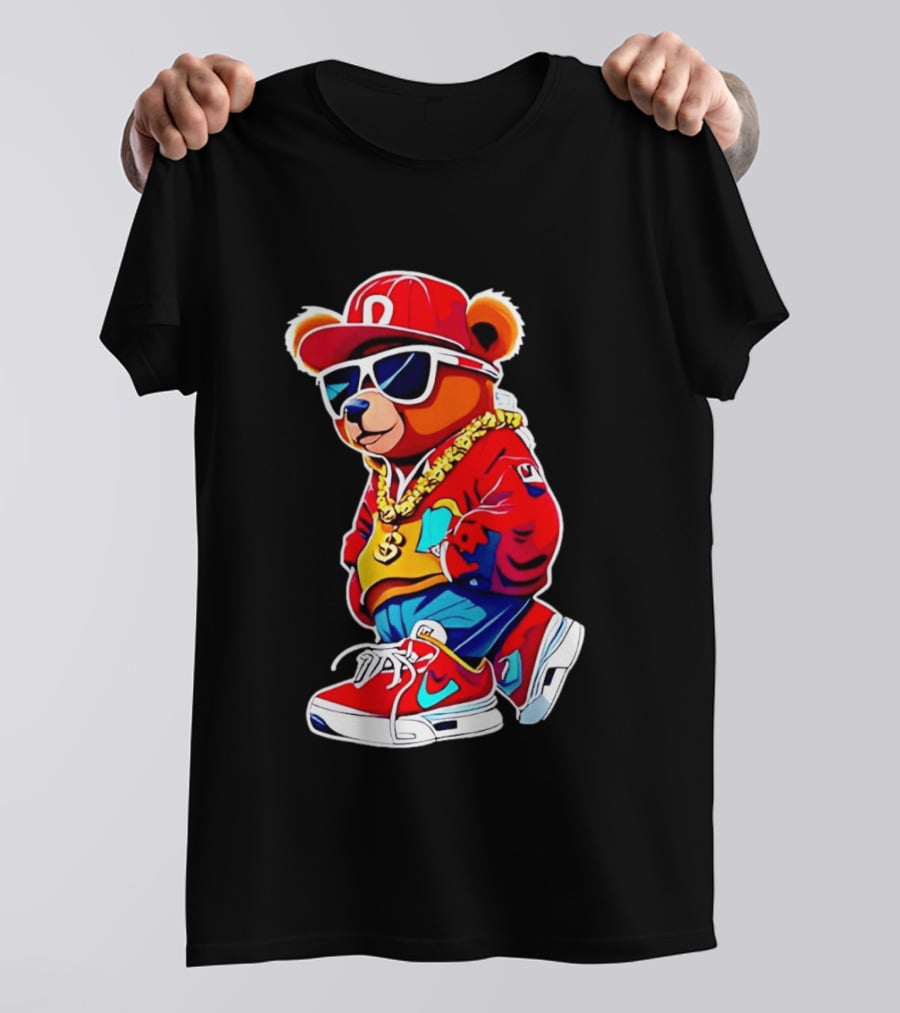 Hip Hop Teddy Bear Swag With Red Cap And Sunglasses T-Shirt