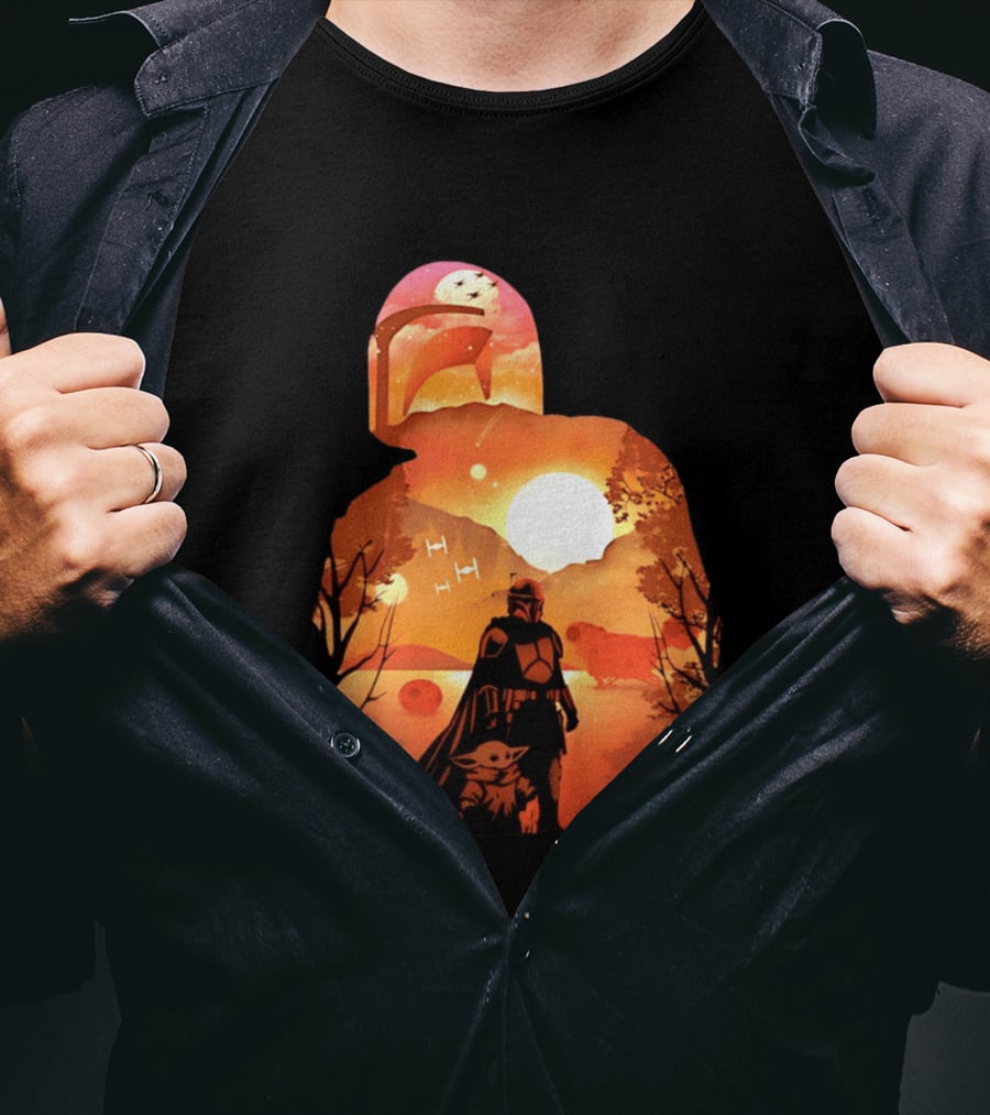 Hunting Companions Bounty Hunter Sunset Mandalorian Grogu Art By Dandingeroz T-Shirt