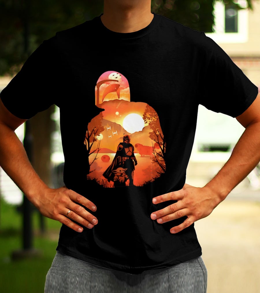 Hunting Companions Bounty Hunter Sunset Mandalorian Grogu Art By Dandingeroz T-Shirt