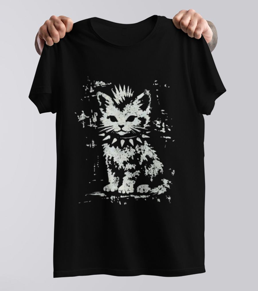 Punk Rock Cat Mohawk And Studded Collar T-Shirt
