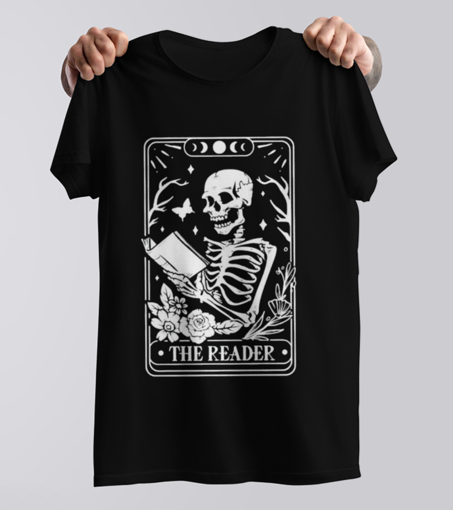 The Reader Skeleton Book Moon Phases Floral Tarot Card T-Shirt