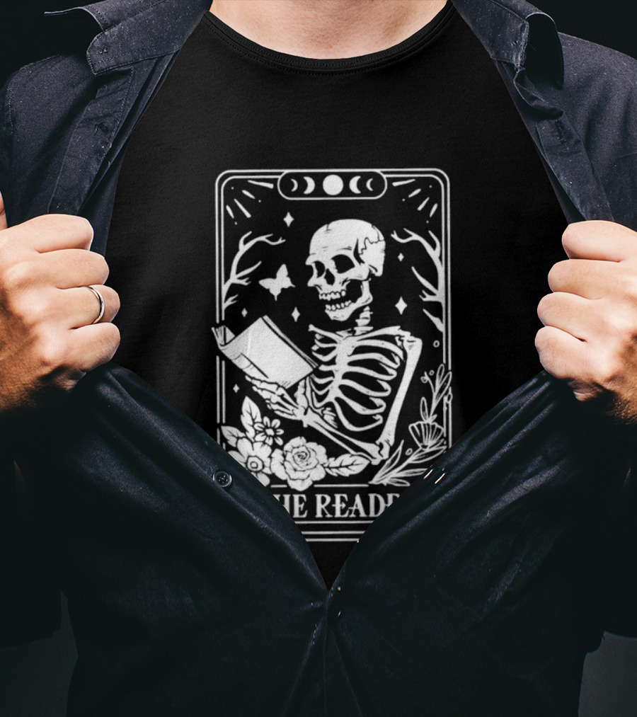 The Reader Skeleton Book Moon Phases Floral Tarot Card T-Shirt
