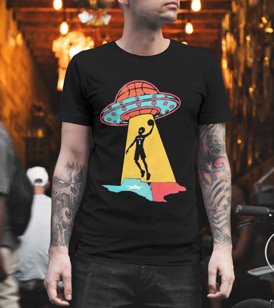 Victor Wembanyama San Antonio Spurs UFO Abduction Texas Flag Basketball T-Shirt