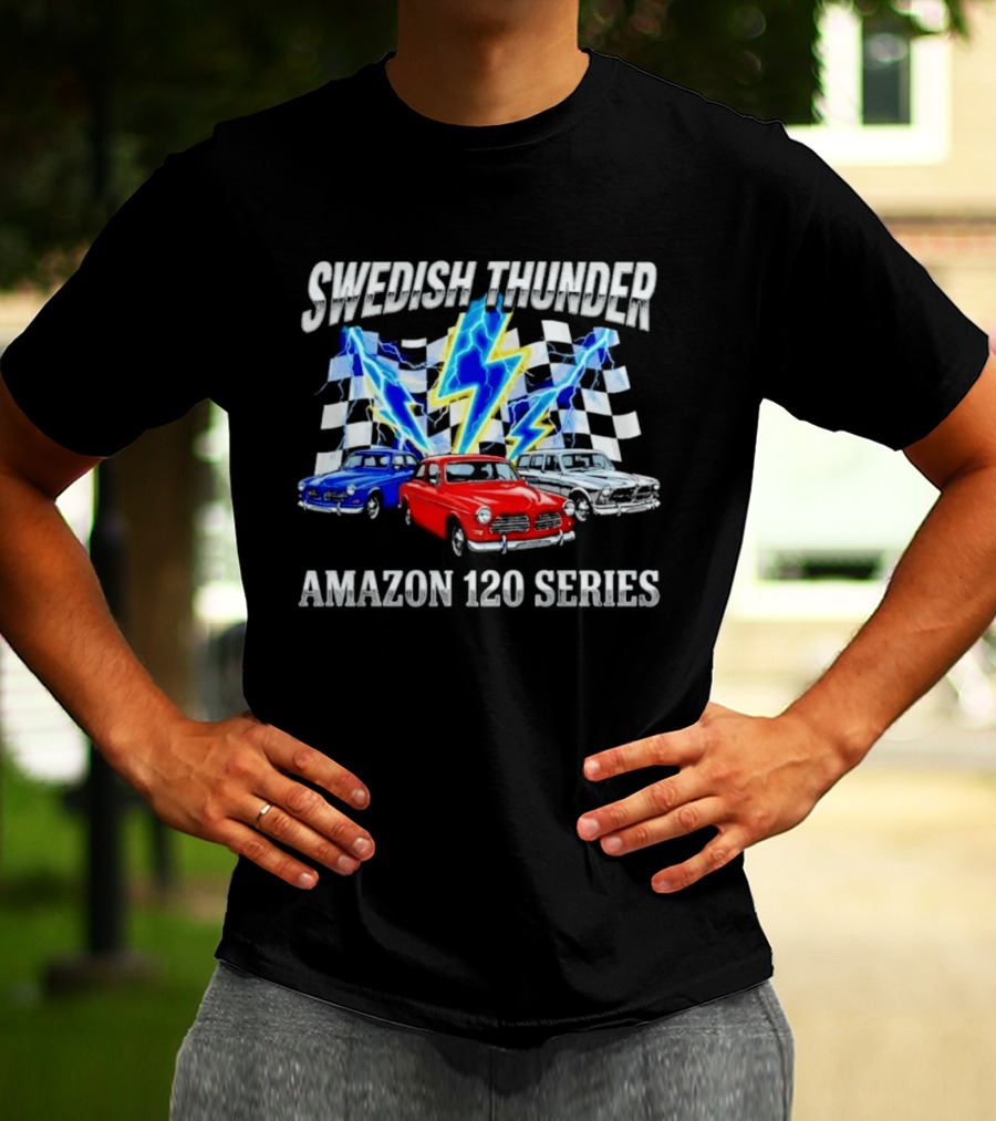 Swedish Thunder Amazon 120 Series Classic Car With Lightning And Checkered Flags T-Shirt