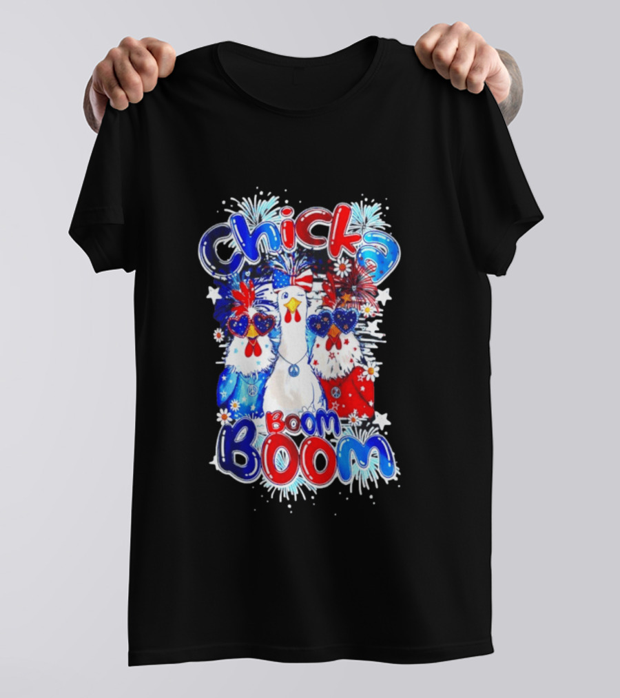 Chicka Boom Boom Patriotic Chickens With Headbands And Peace Signs T-Shirt