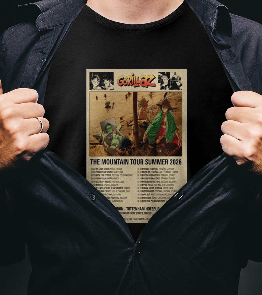Gorillaz We Love Green Paris June 05 2026 The Mountain Tour T-Shirt