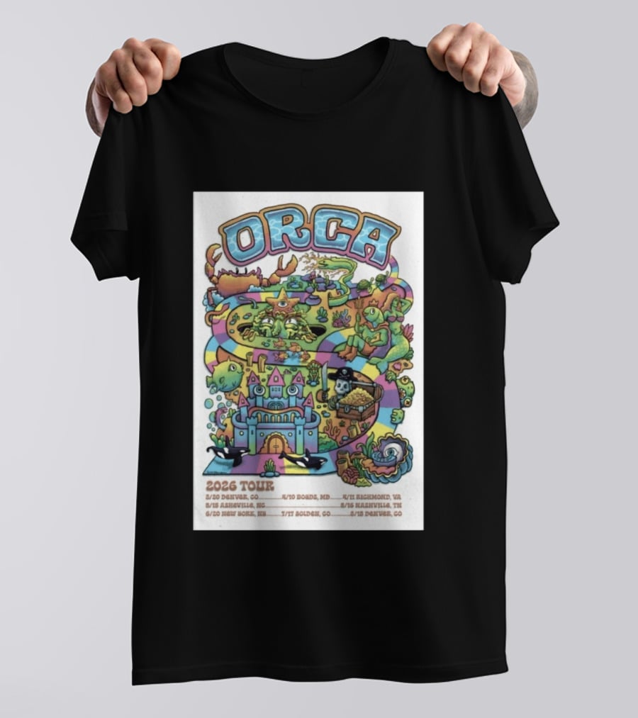 ORCA 2026 Tour Colorful Adventure Map Denver Asheville New York Boise Richmond Nashville Golden T-Shirt