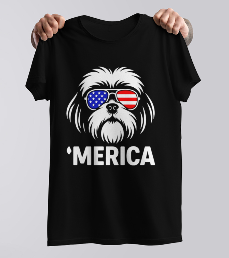 Shih Tzu Dog 'Merica American Flag Sunglasses T-Shirt