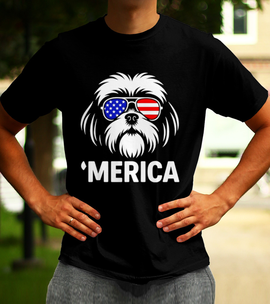 Shih Tzu Dog 'Merica American Flag Sunglasses T-Shirt