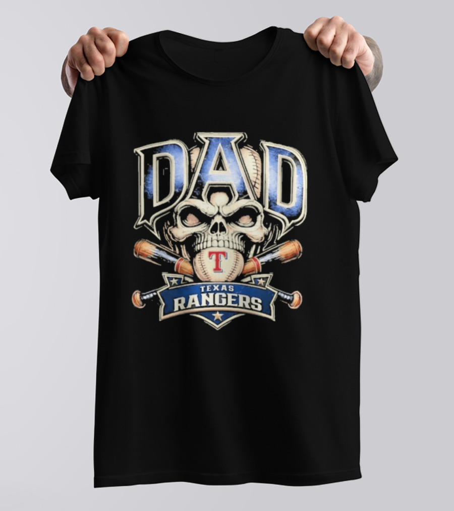 Dad Skull Baseball Crossed Bats Texas Rangers T-Shirt