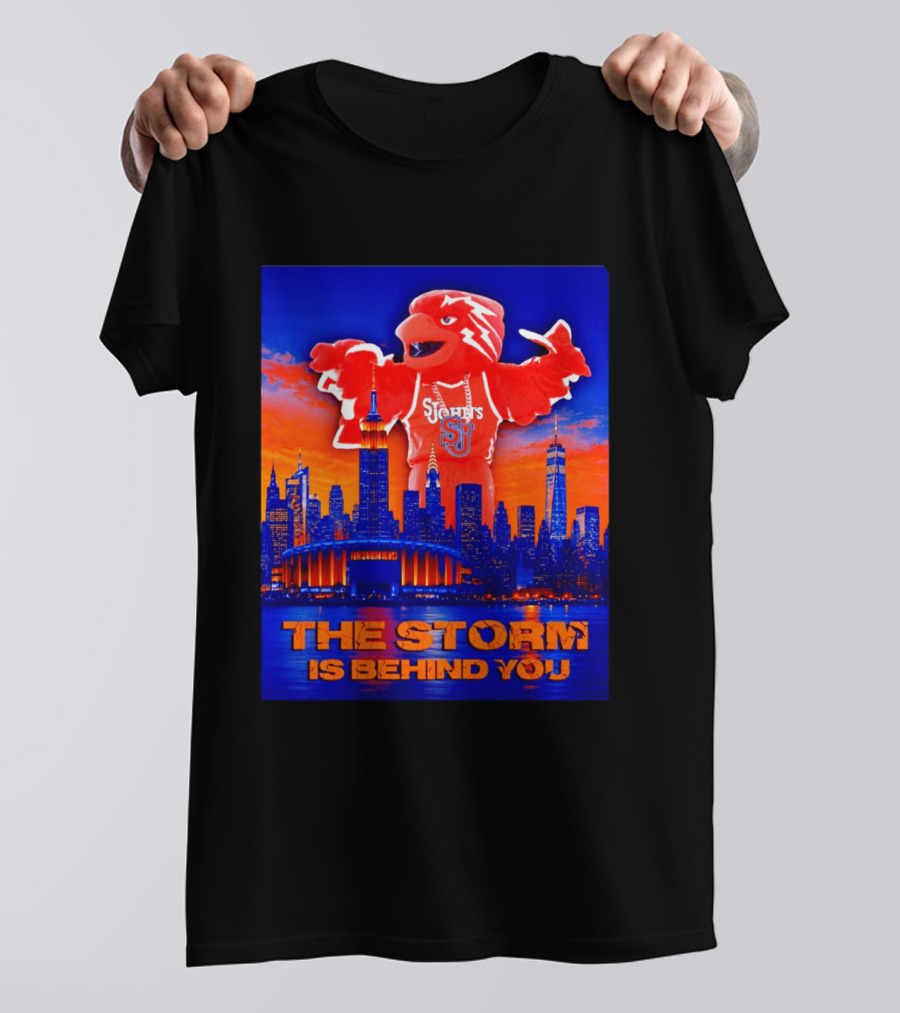 St John's University Red Storm Mascot With New York City Skyline The Storm Is Behind You T-Shirt