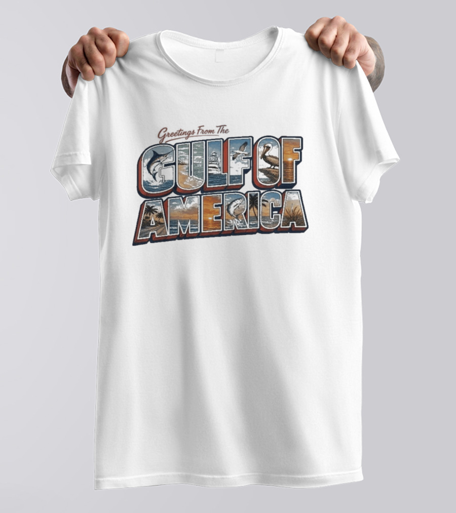 Greetings From The Gulf Of America Marlin Pelican Palm Trees Sunset Ocean Adventure T-Shirt