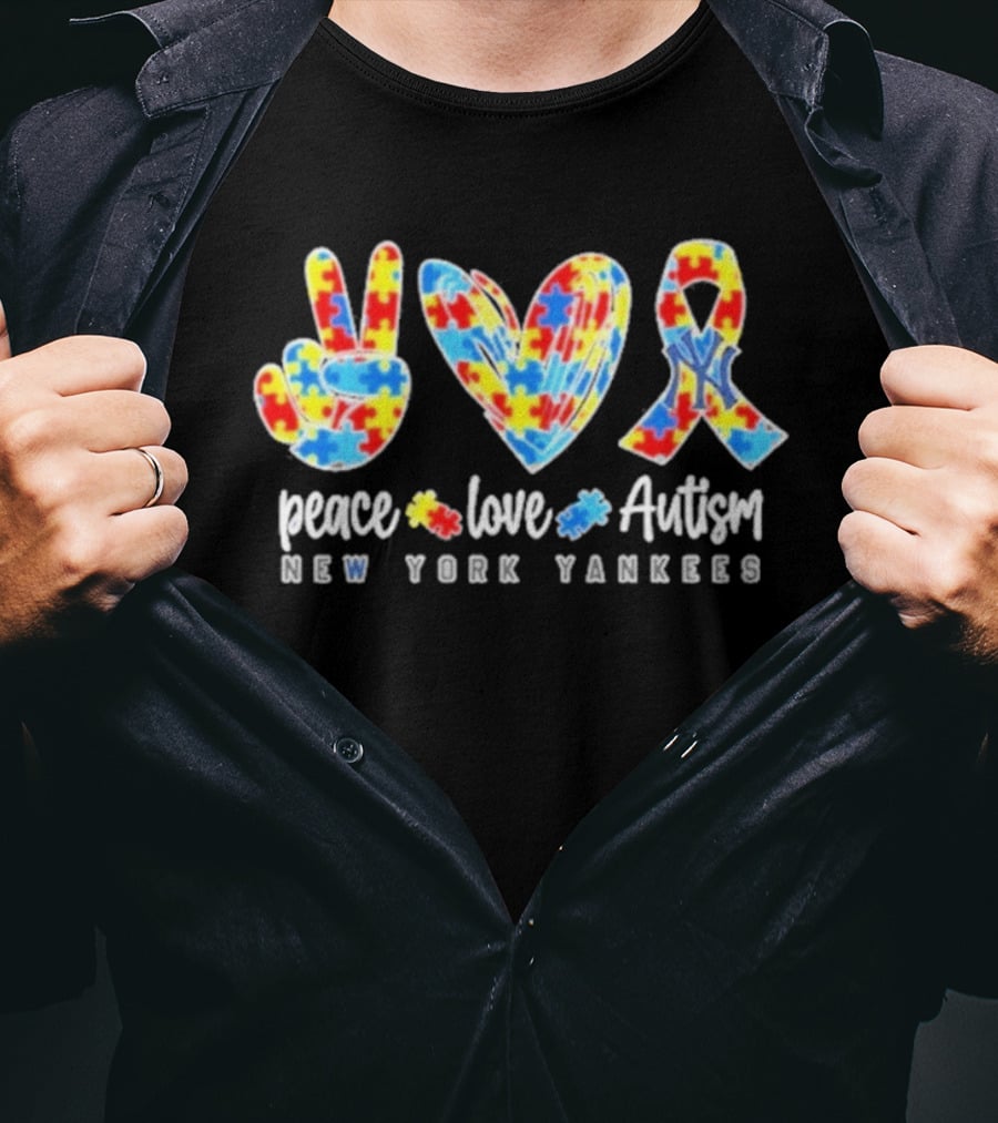 New York Yankees Peace Love Autism Puzzle Ribbon T-Shirt