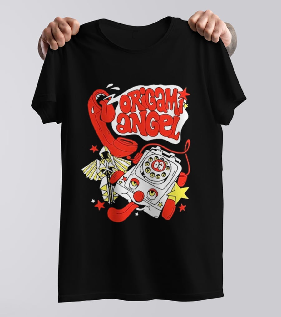 Origami Angel Retro Phone Illustration With Stars And Wings T-Shirt