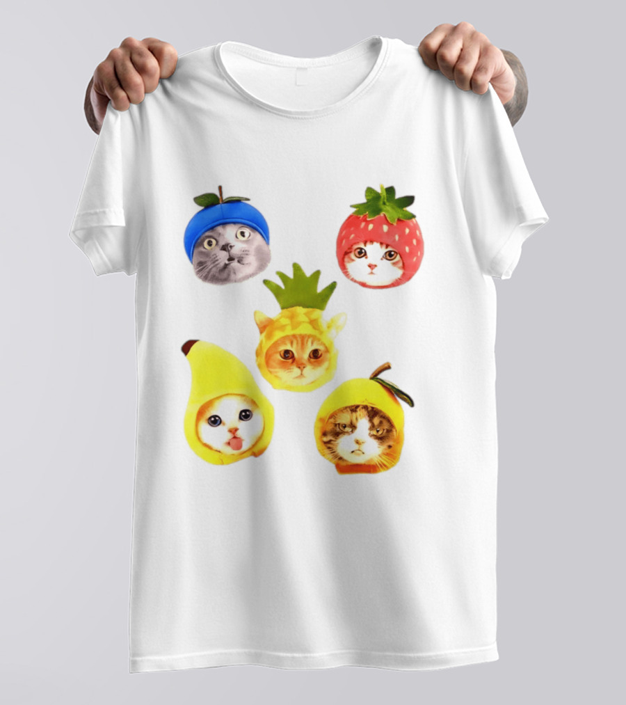 Whimsical Cats In Fruit Hats Blueberry Strawberry Pineapple Banana Apple T-Shirt