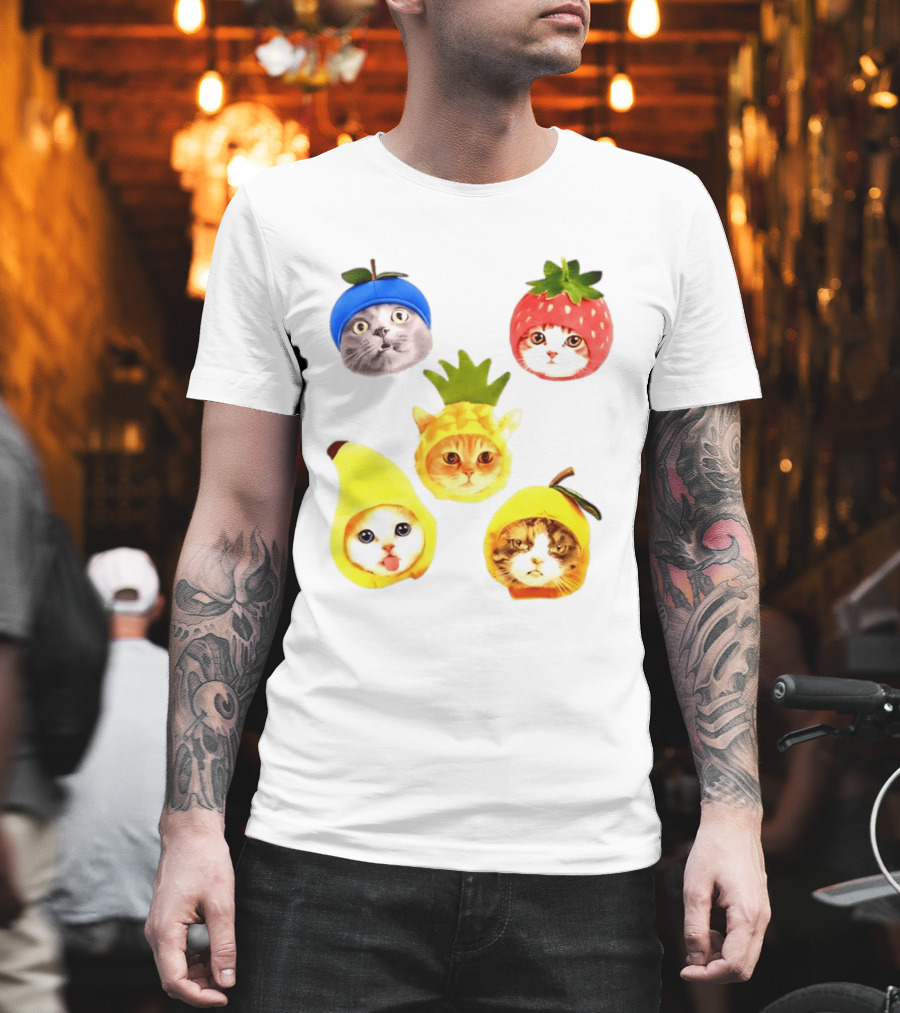 Whimsical Cats In Fruit Hats Blueberry Strawberry Pineapple Banana Apple T-Shirt