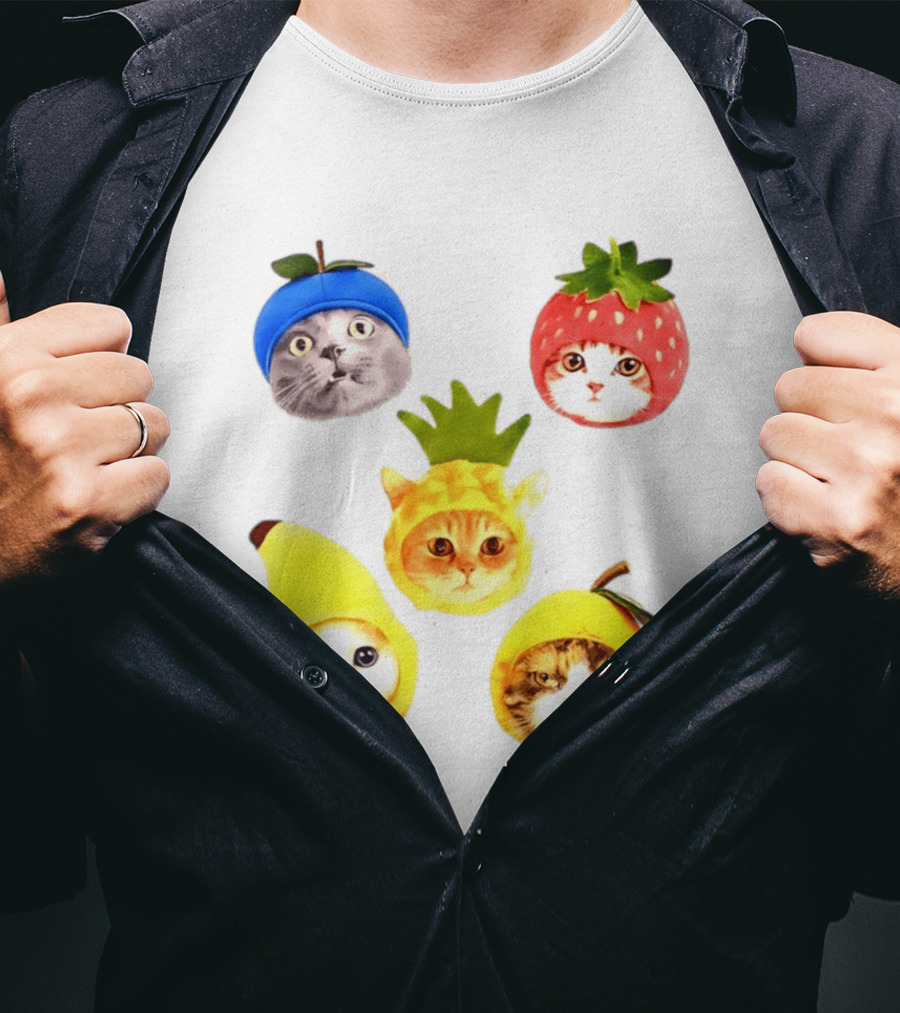 Whimsical Cats In Fruit Hats Blueberry Strawberry Pineapple Banana Apple T-Shirt