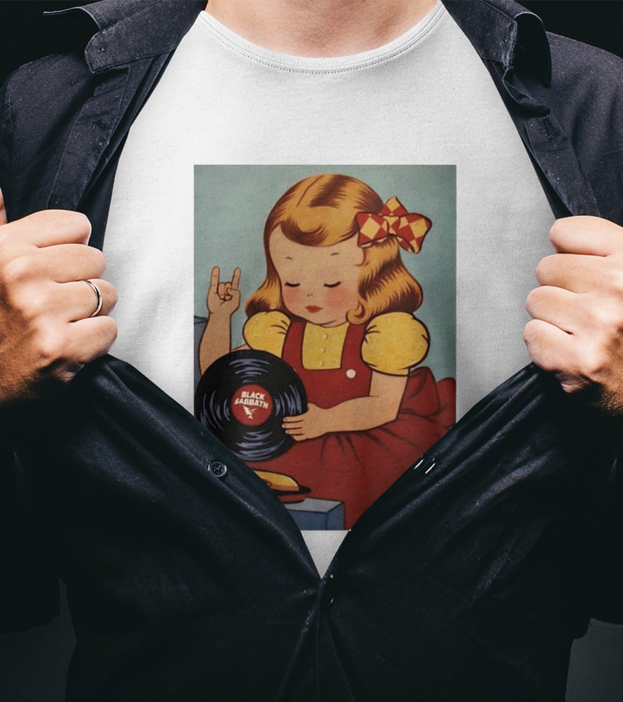 Girl Holding Black Sabbath Vinyl Heavy Metal T-Shirt