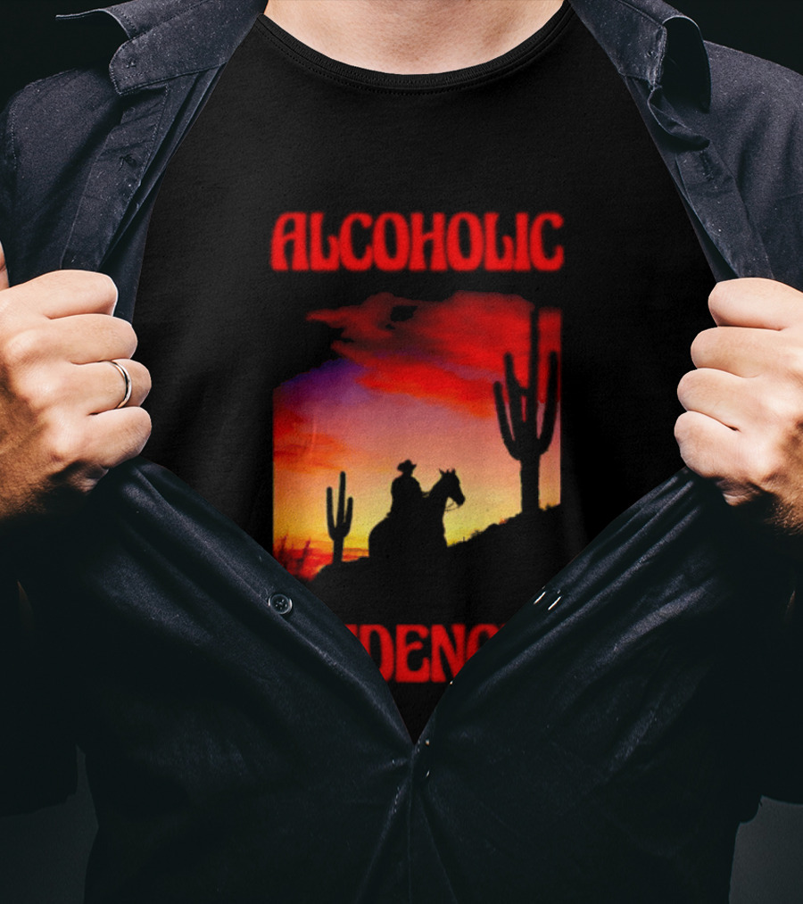 Alcoholic Tendencies Cowboy Desert Sunset Cactus Scene T-Shirt
