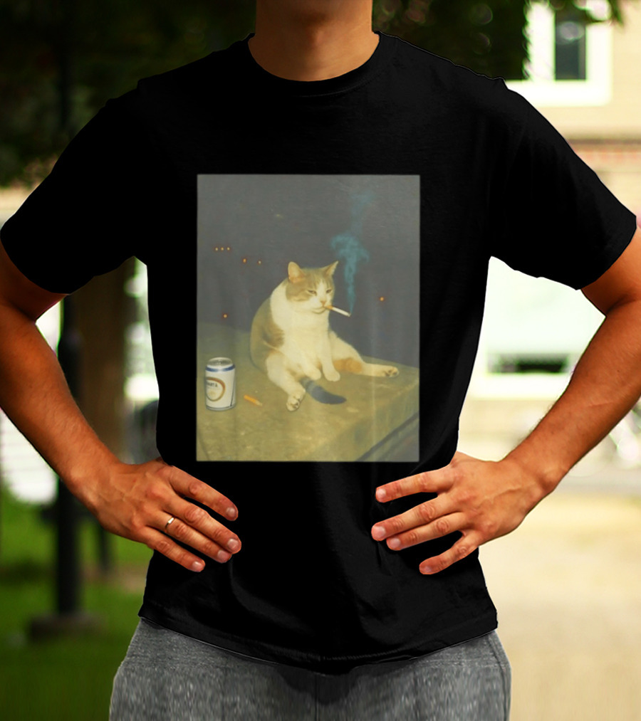 Depressed Cat Smoking Cigarette Meme With Beer Can T-Shirt