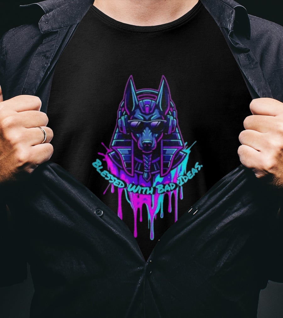 Blessed With Bad Ideas Anubis Headphones Neon Egyptian Mythology T-Shirt