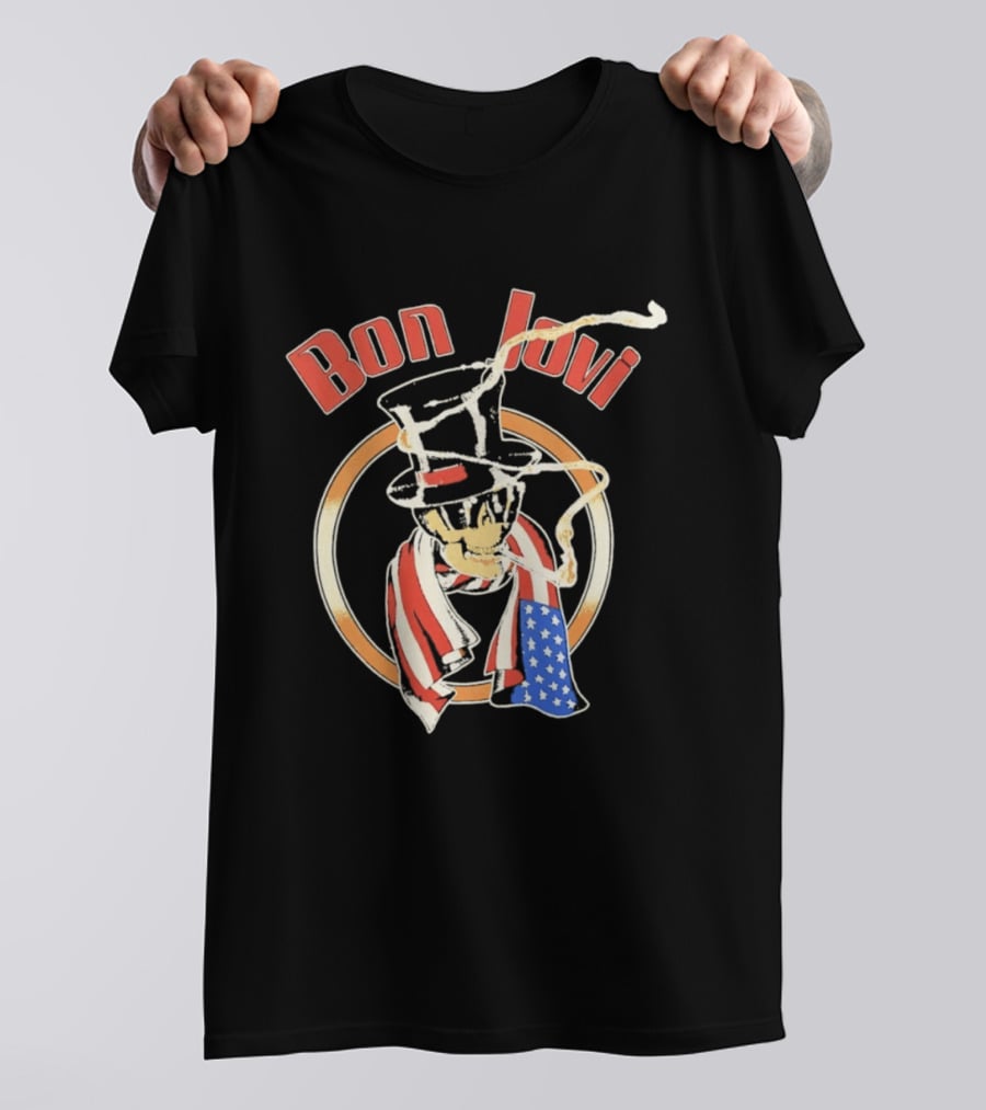 Bon Jovi American Skull With Patriotic Top Hat And Flag Scarf T-Shirt