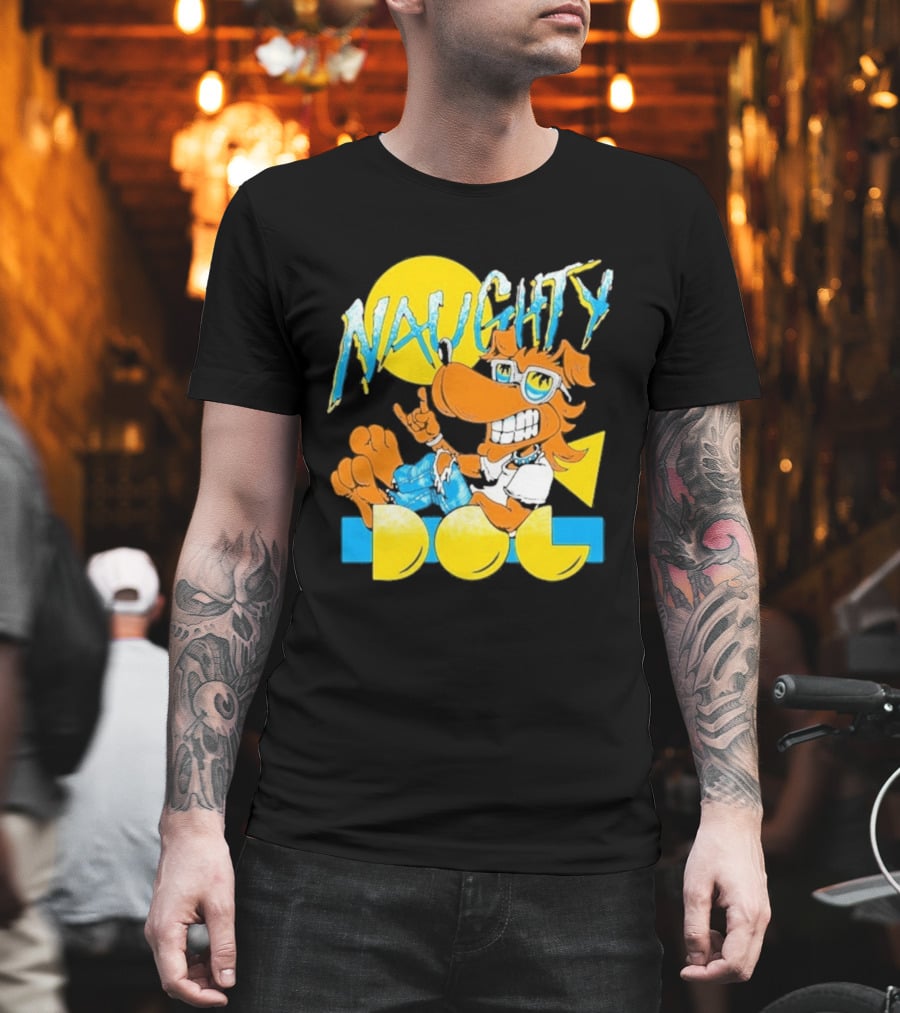 Naughty Dog Retro Cartoon Character With Sunglasses And Sunburst T-Shirt