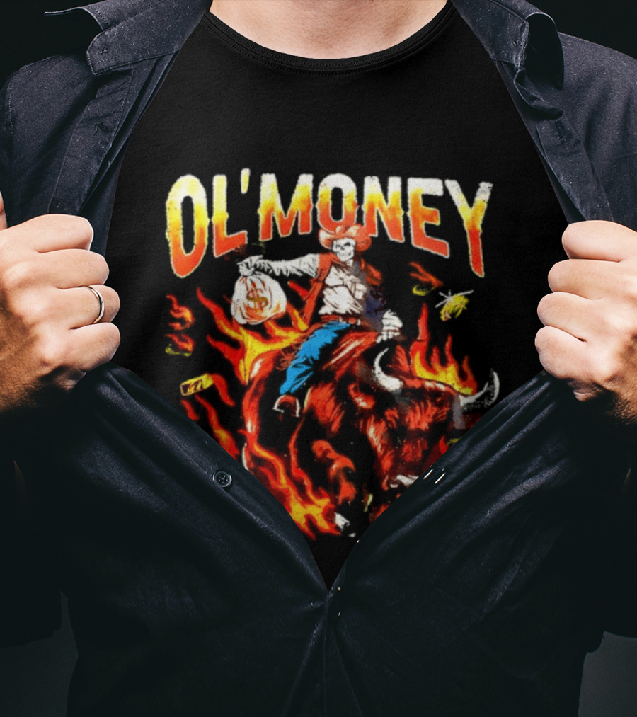 Ol' Money RSN Brand Skeleton Cowboy Riding Flaming Bull T-Shirt