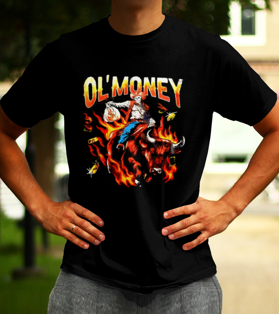 Ol' Money RSN Brand Skeleton Cowboy Riding Flaming Bull T-Shirt