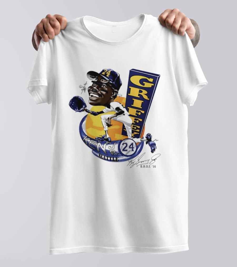 Ken Griffey Jr 24 Seattle Baseball Caricature Bruce Stark Signature T-Shirt