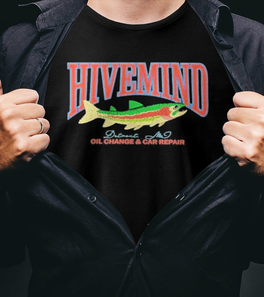 Hivemind Oil Change And Car Repair French Terry Stitched Fish T-Shirt