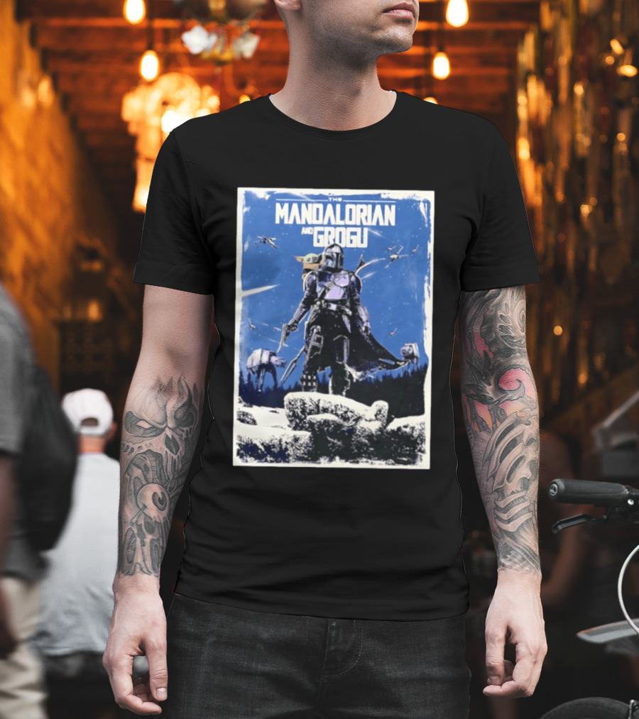 The Mandalorian And Grogu Star Wars Baby Yoda Scene With AT AT And X Wings T-Shirt