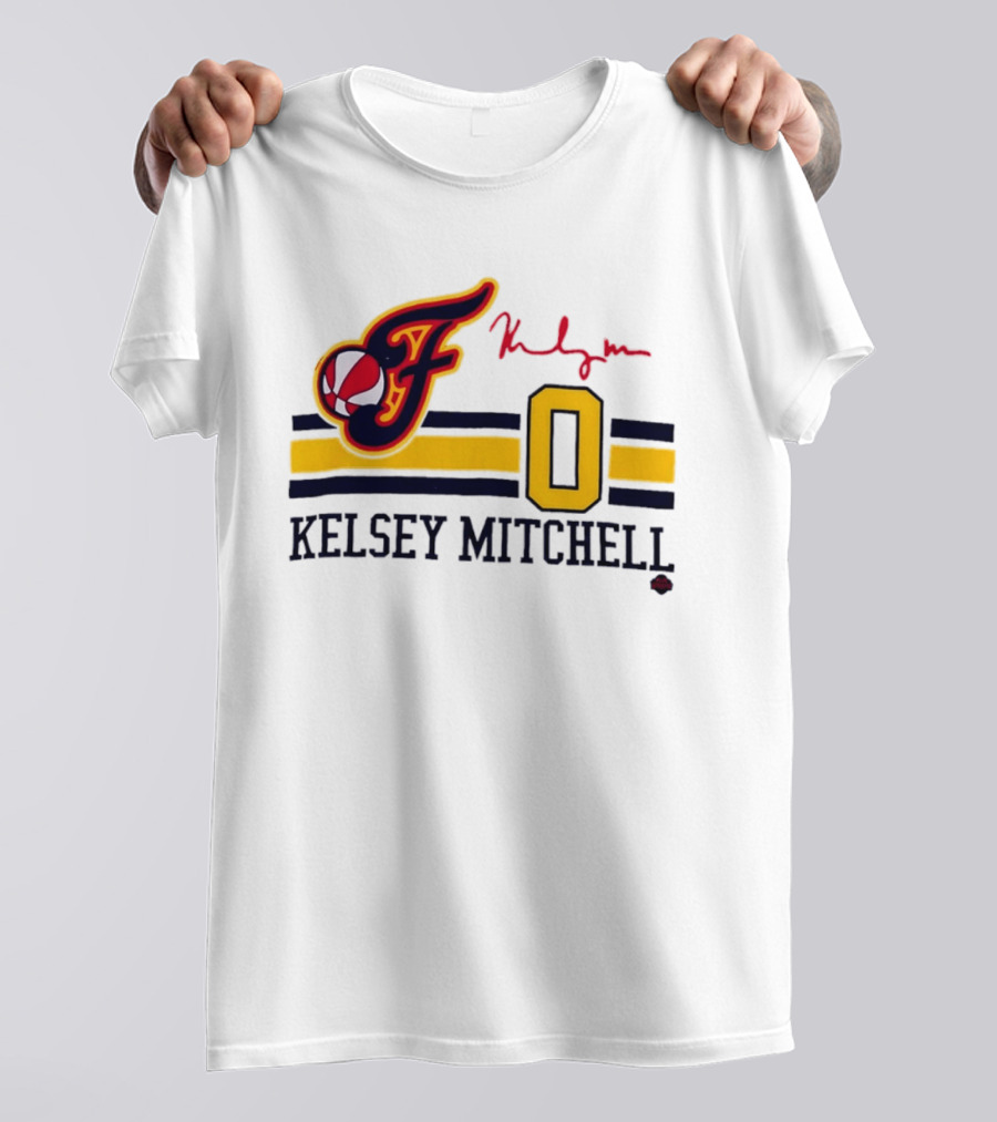 Kelsey Mitchell Indiana Fever No. 0 F Logo And Signature T-Shirt