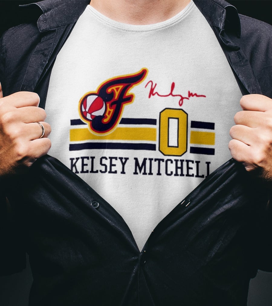 Kelsey Mitchell Indiana Fever No. 0 F Logo And Signature T-Shirt