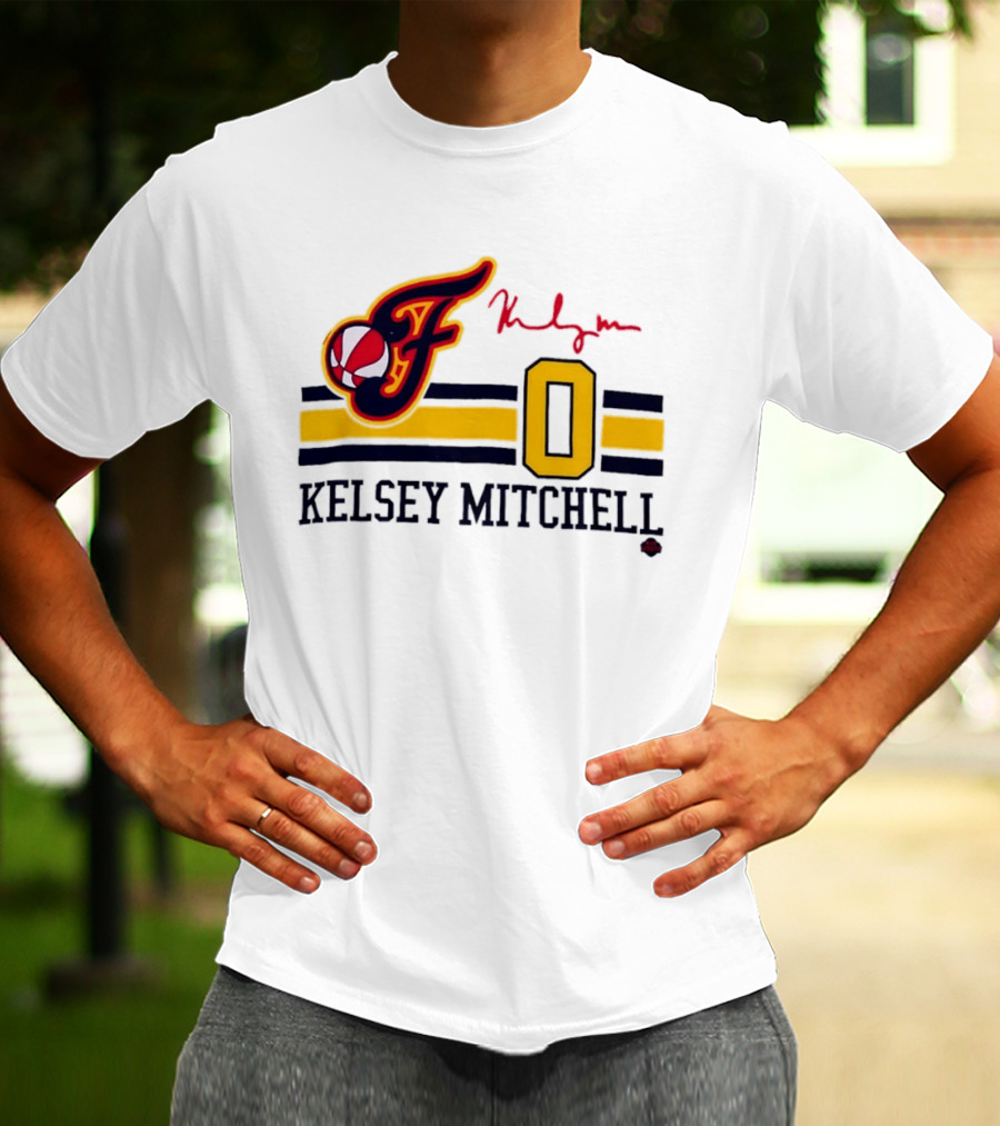 Kelsey Mitchell Indiana Fever No. 0 F Logo And Signature T-Shirt