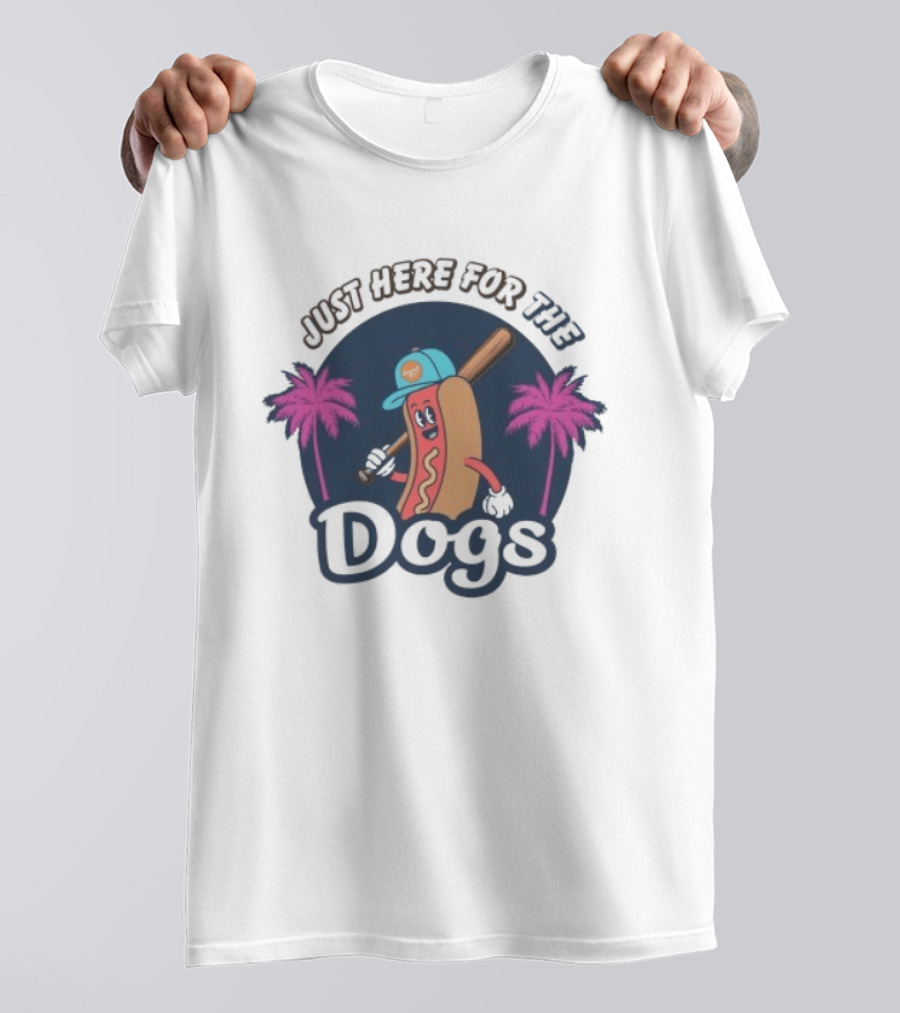 Just Here For The Dogs Cartoon Hot Dog Baseball Palm Trees T-Shirt