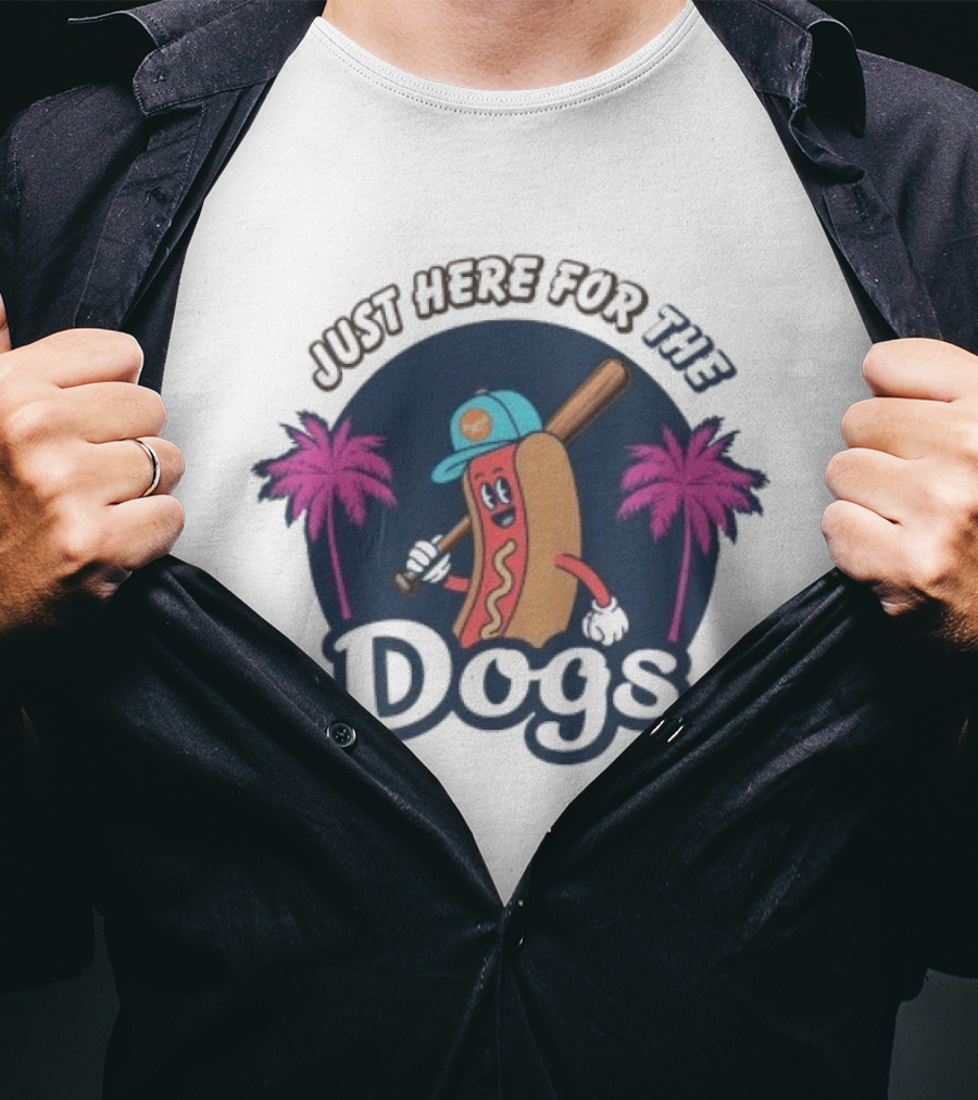 Just Here For The Dogs Cartoon Hot Dog Baseball Palm Trees T-Shirt