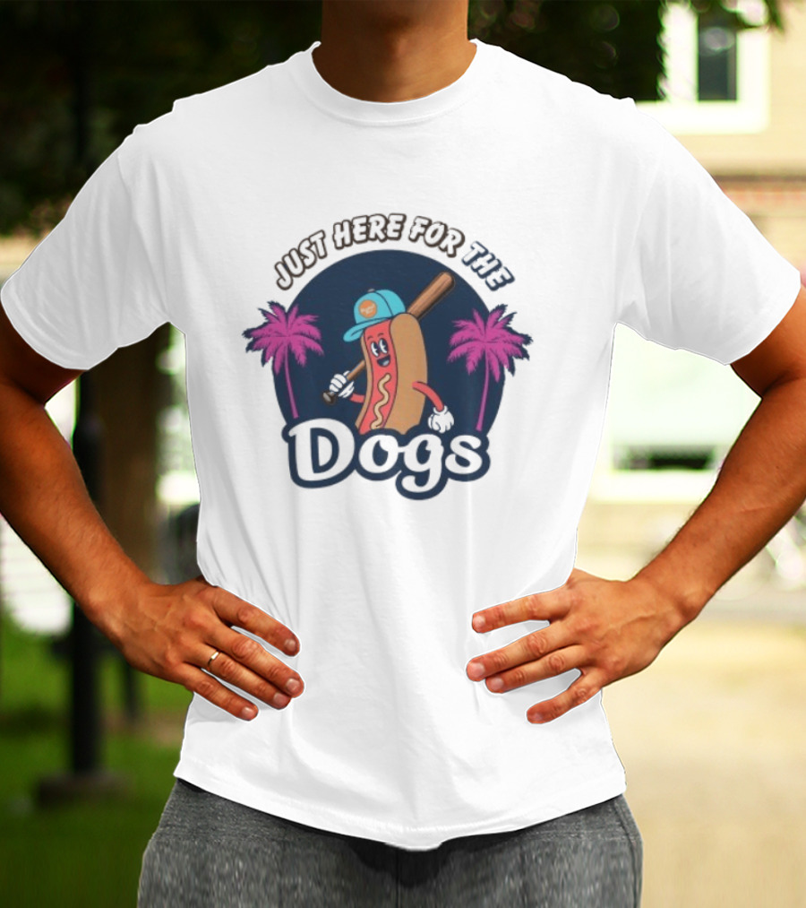 Just Here For The Dogs Cartoon Hot Dog Baseball Palm Trees T-Shirt