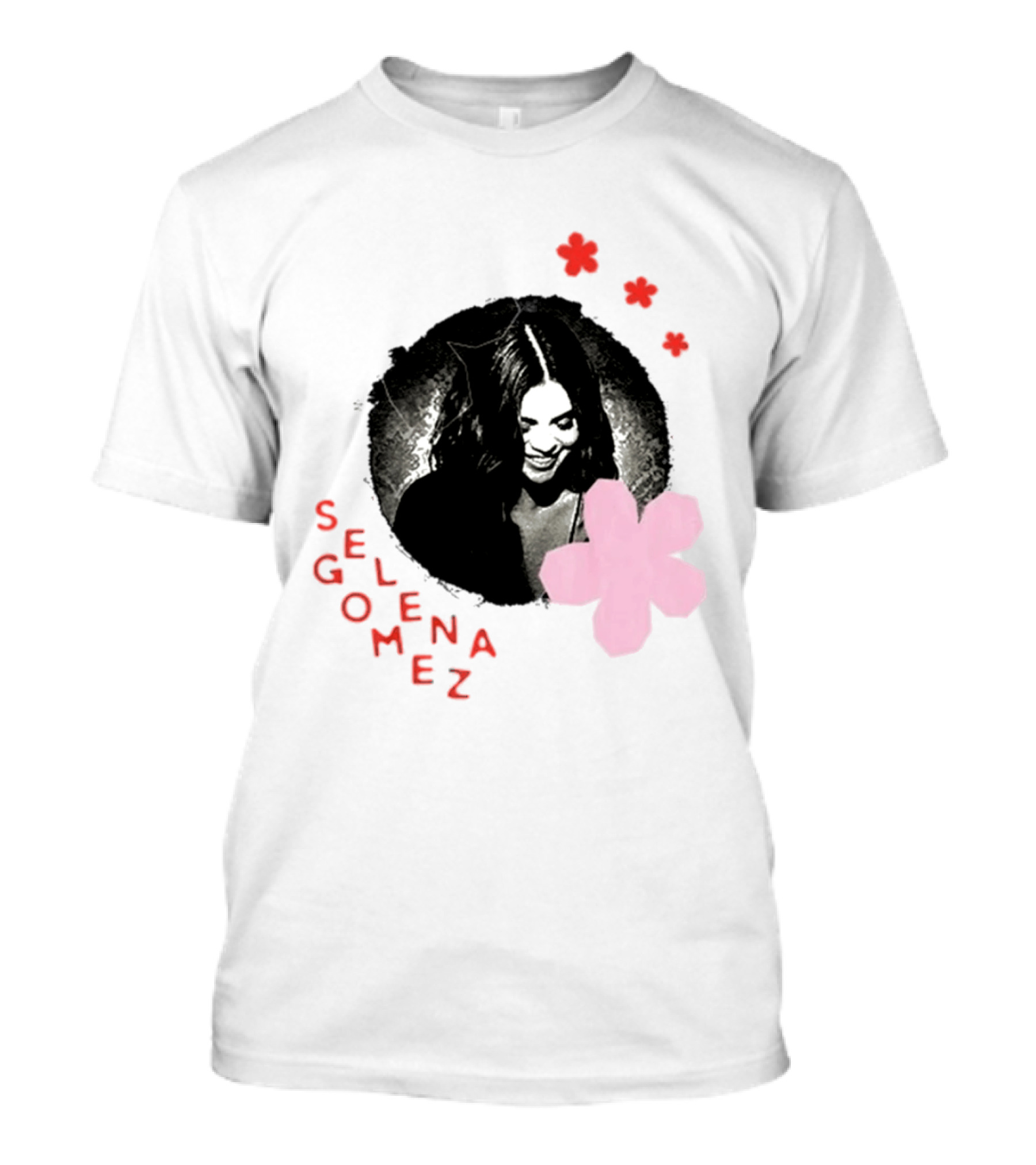 Selena Gomez Smile With Pink Paper Flower And Red T-Shirt
