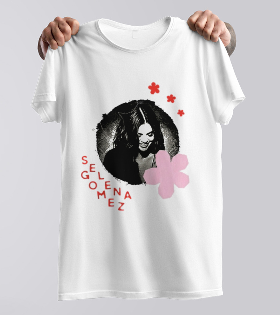 Selena Gomez Smile With Pink Paper Flower And Red T-Shirt