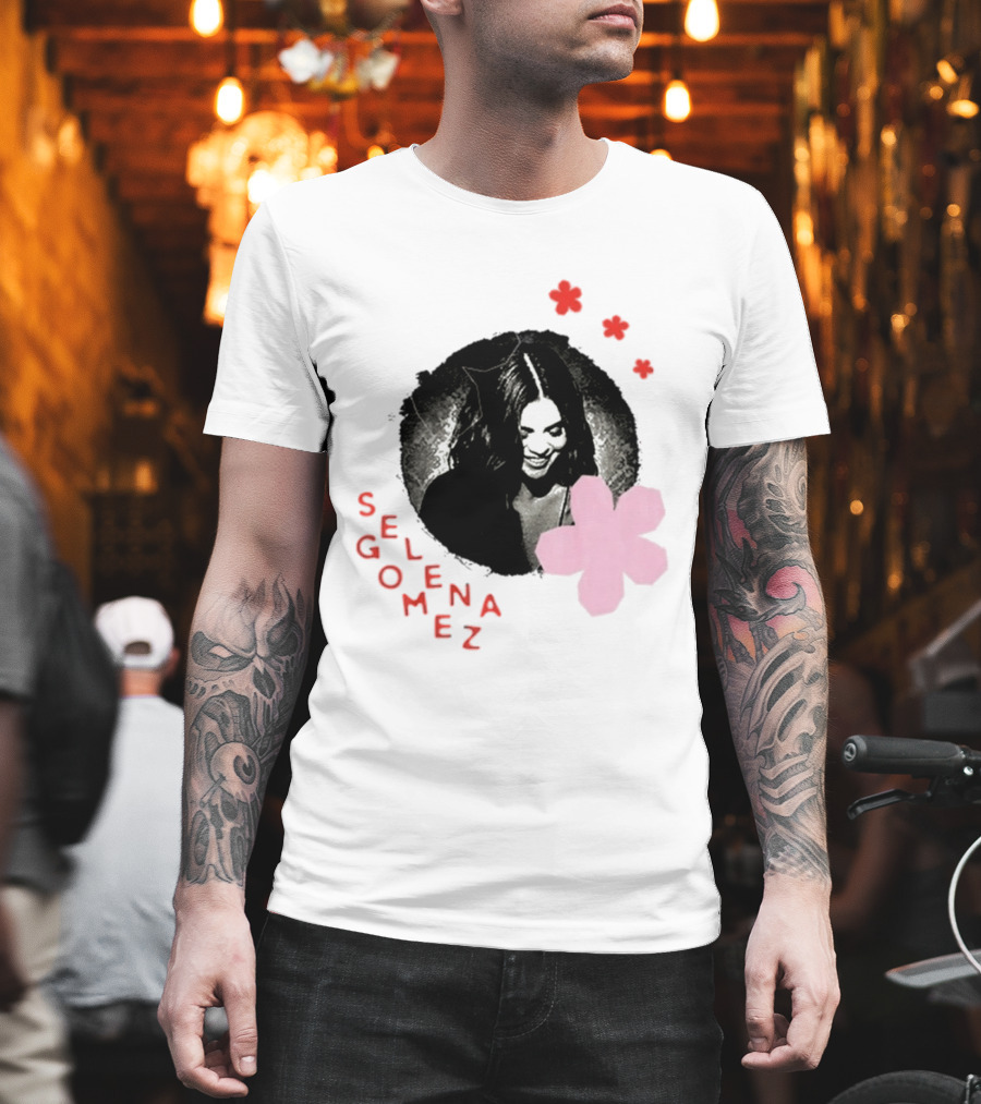 Selena Gomez Smile With Pink Paper Flower And Red T-Shirt