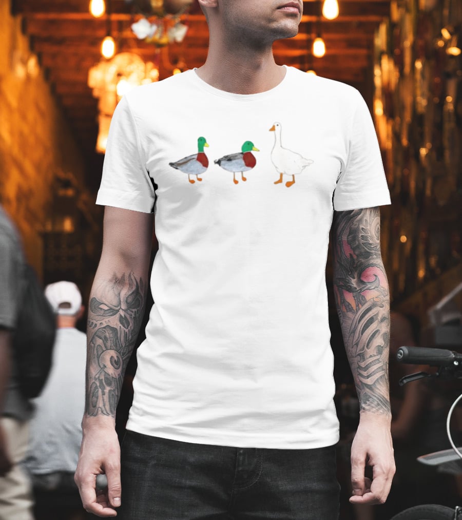 Two Mallard Ducks And A White Goose Duck Wildlife Scene T-Shirt