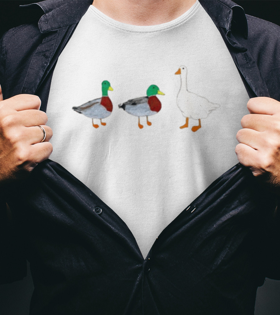 Two Mallard Ducks And A White Goose Duck Wildlife Scene T-Shirt