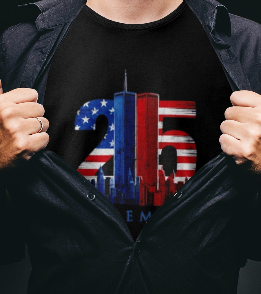 25th Anniversary Remember Twin Towers American Flag T-Shirt