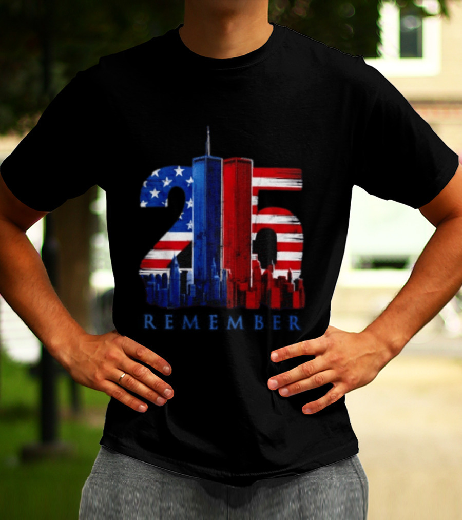 25th Anniversary Remember Twin Towers American Flag T-Shirt
