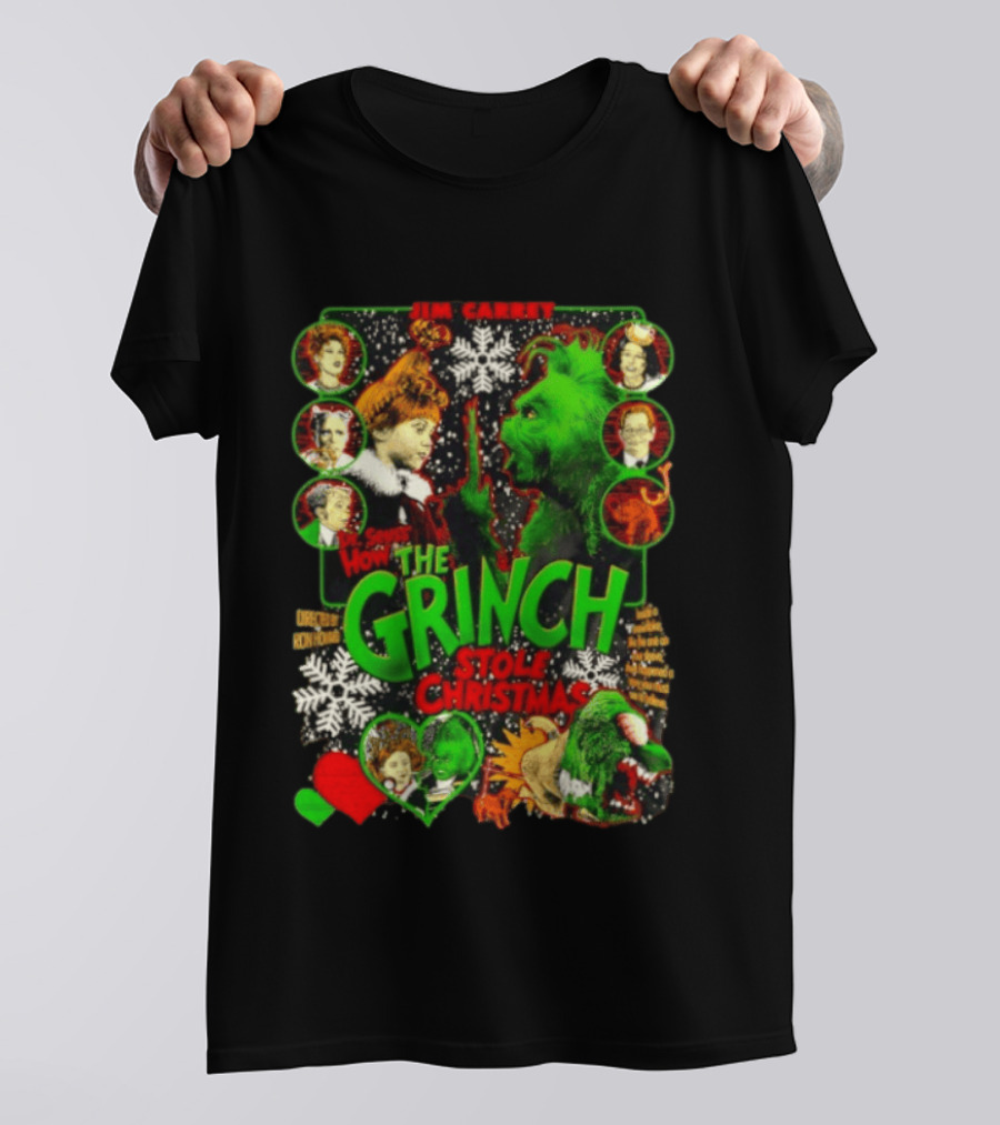 Jim Carrey Dr Seuss How The Grinch Stole Christmas Movie With Characters And Snowflakes T-Shirt