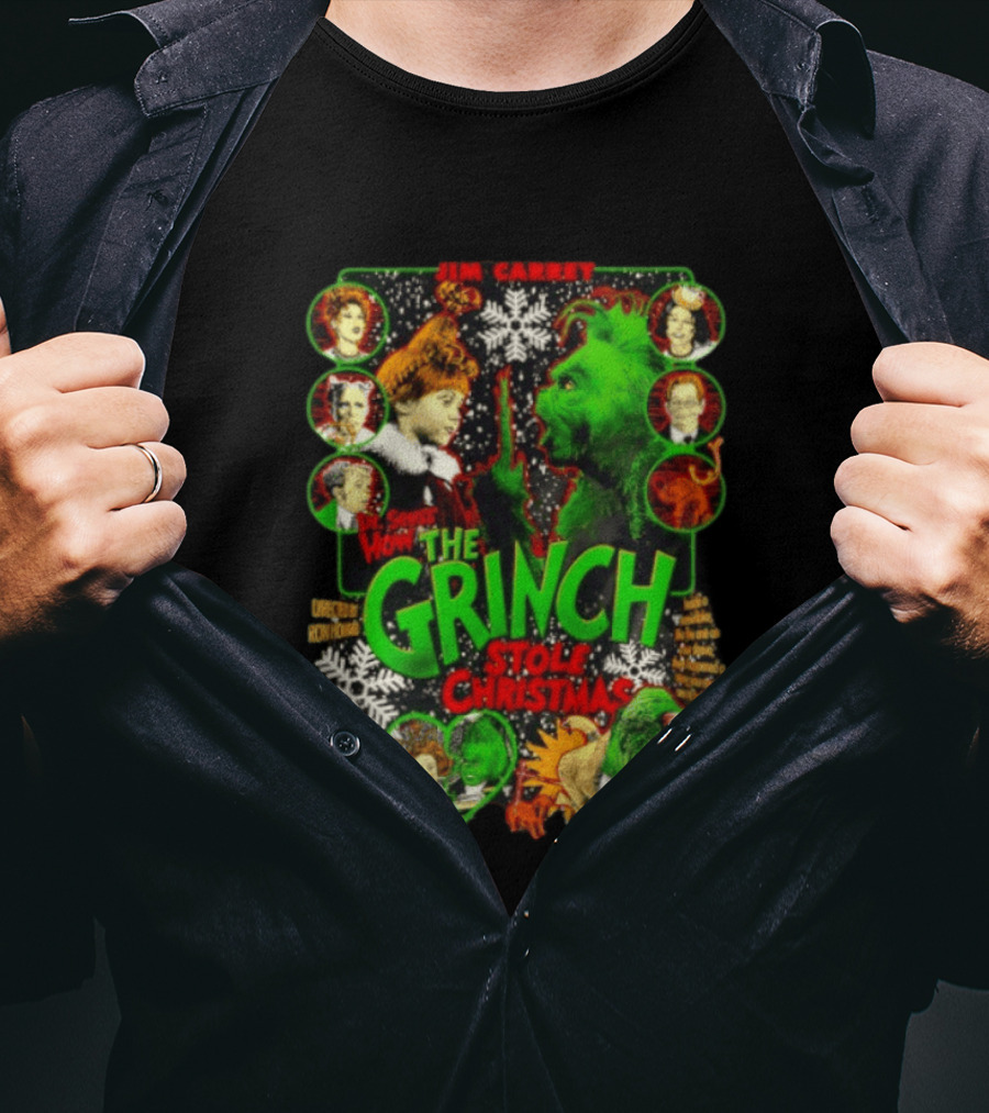 Jim Carrey Dr Seuss How The Grinch Stole Christmas Movie With Characters And Snowflakes T-Shirt